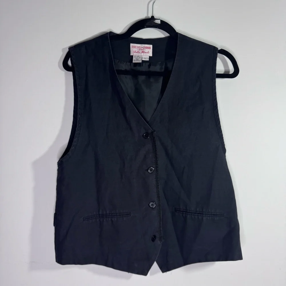 Vintage Focus 2000 Linen Vest Large Black Button Front Minimalist 90s
